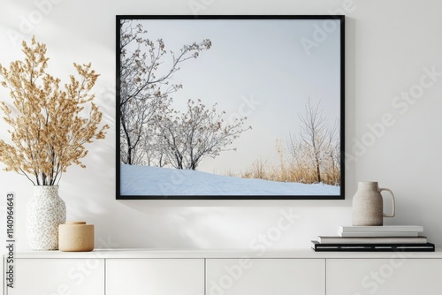 A striking winter landscape art piece elegantly framed above a minimalist storage unit, depicting serene tones of white and nature, enhancing the tranquil ambiance.