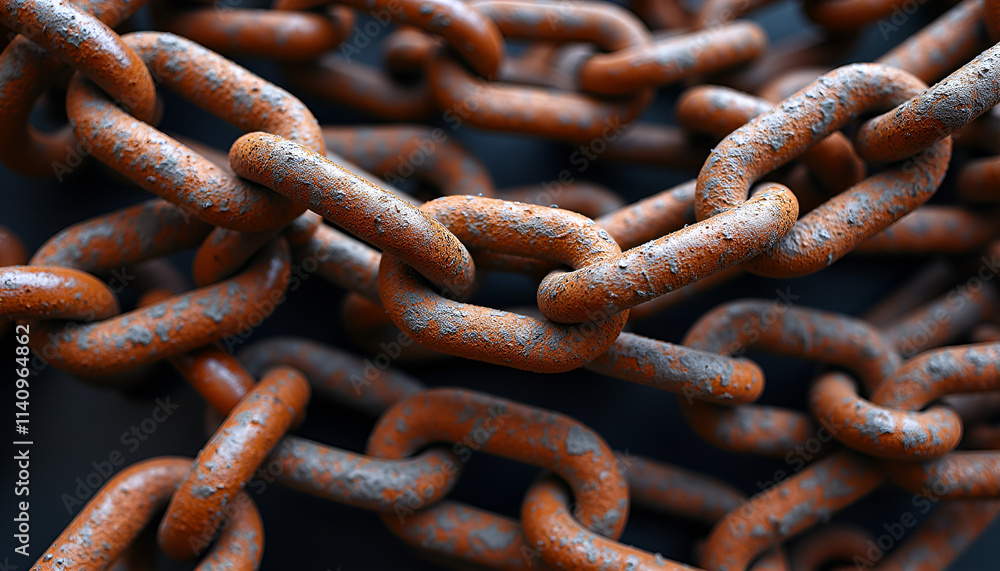 Close-up of rusty metal chains intertwined, industrial texture, strong and robust, copy space Close-up of rusty metal chains intertwined, industrial texture, strong and robust, copy space