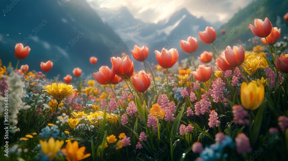 Bright sun illuminating a flower filled garden in spring with vibrant colors and soft light Bright sun illuminating a flower filled garden in spring with vibrant colors and soft light