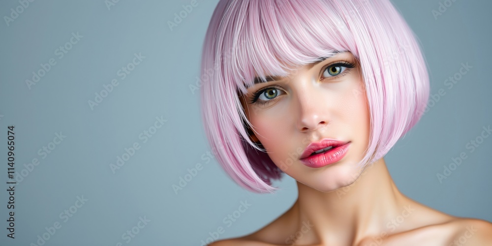 Close-Up Portrait of a Young Woman with Pink Bob Hairstyle on Gray Background Close-Up Portrait of a Young Woman with Pink Bob Hairstyle on Gray Background