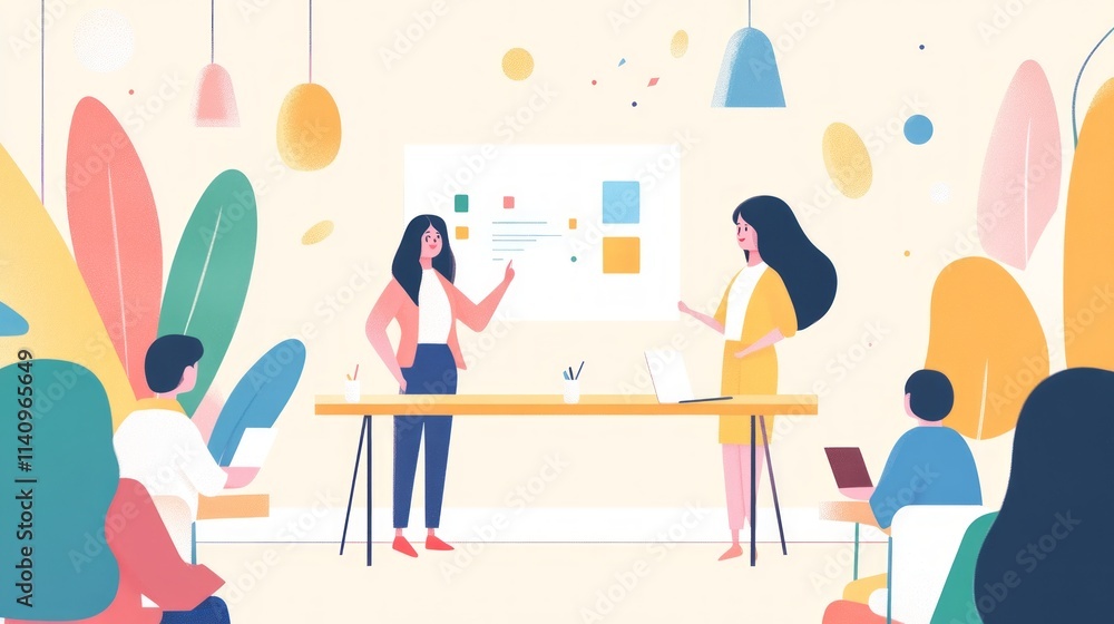 Two women presenting in a modern office setting with an engaged audience. Two women presenting in a modern office setting with an engaged audience.