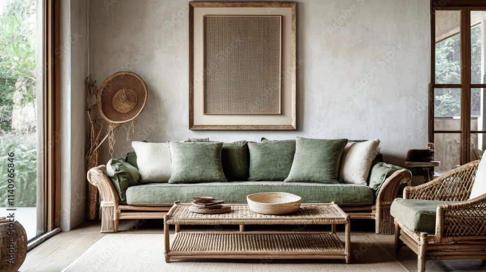 Fototapeta premium Modern living room design featuring natural materials and greenery in a tranquil space