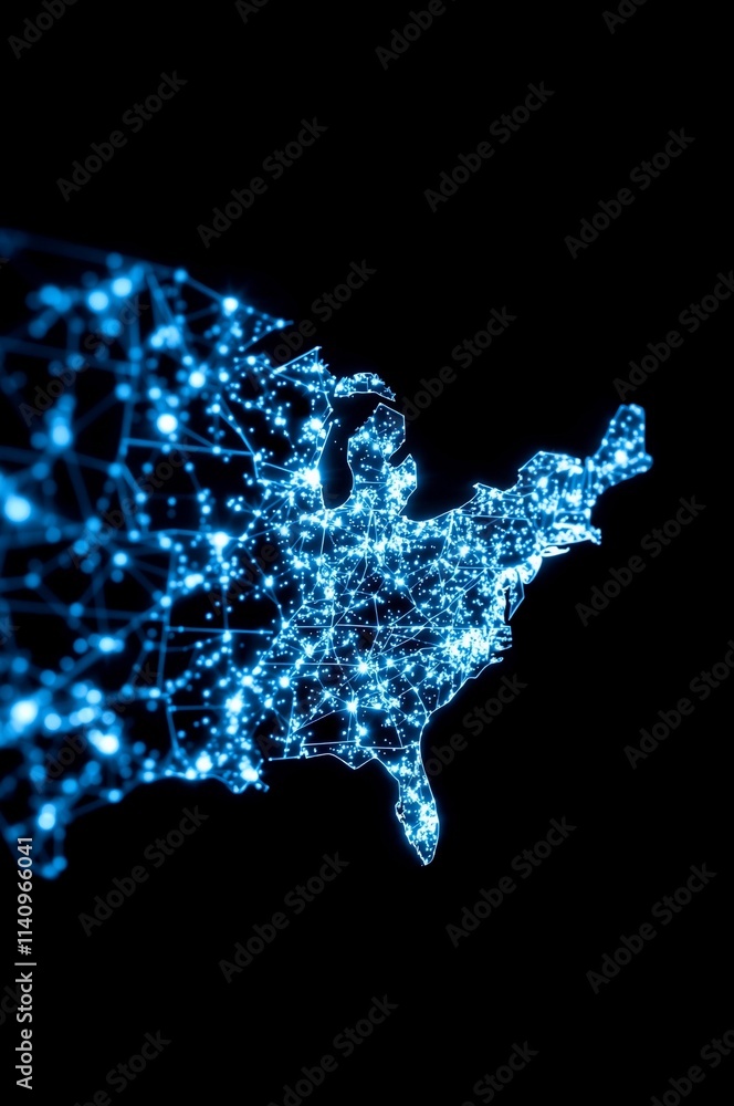 Abstract Digital Network Map of the Eastern United States with Glowing Connections Abstract Digital Network Map of the Eastern United States with Glowing Connections