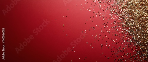 Shimmering golden confetti cascading against a vibrant red background in festive celebration