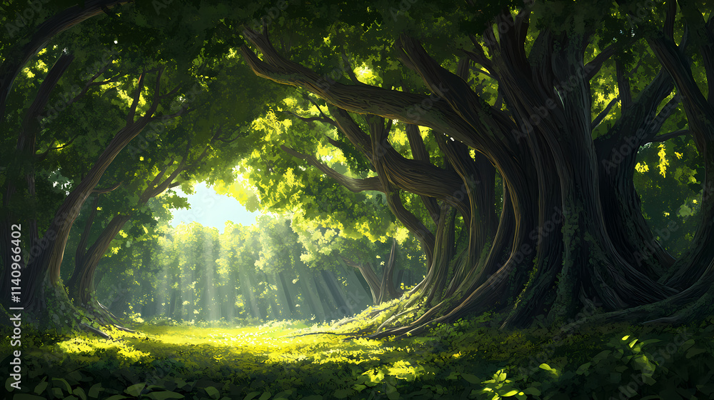 Naklejka premium The long, curved branches of a mature banyan tree have formed a natural canopy that filters the sunlight, jungle shelter, arboreal sanctuary, verdant canopy. Arboreal. Illustration