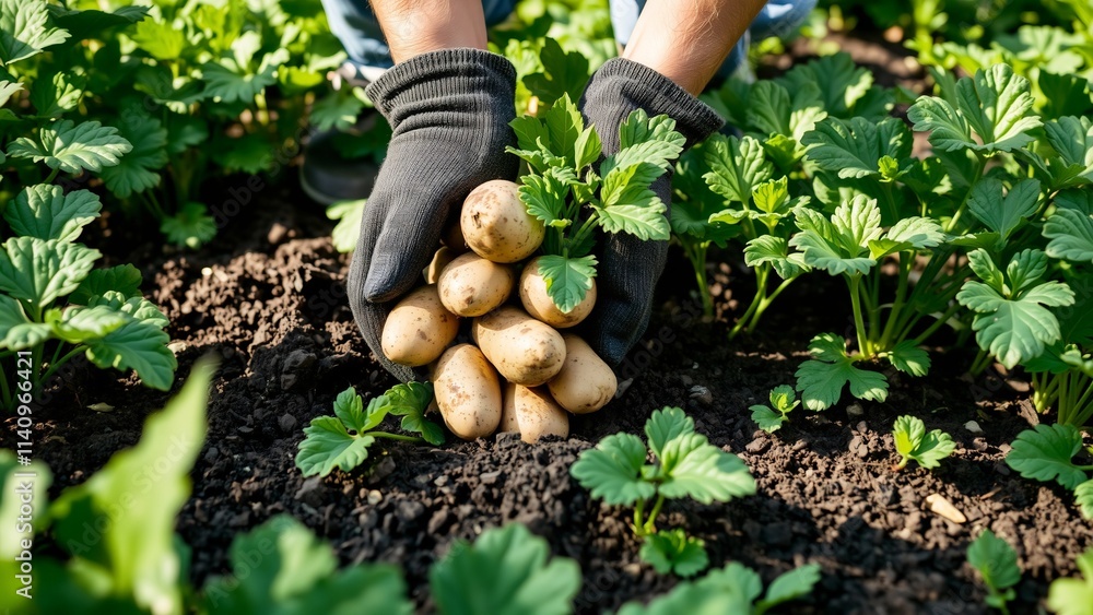 Fototapeta premium Freshly Harvested Potatoes Placed in a Garden Bed Surrounded by Green Foliage