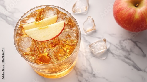 Apple cider overflow on marble with ice and apple slice