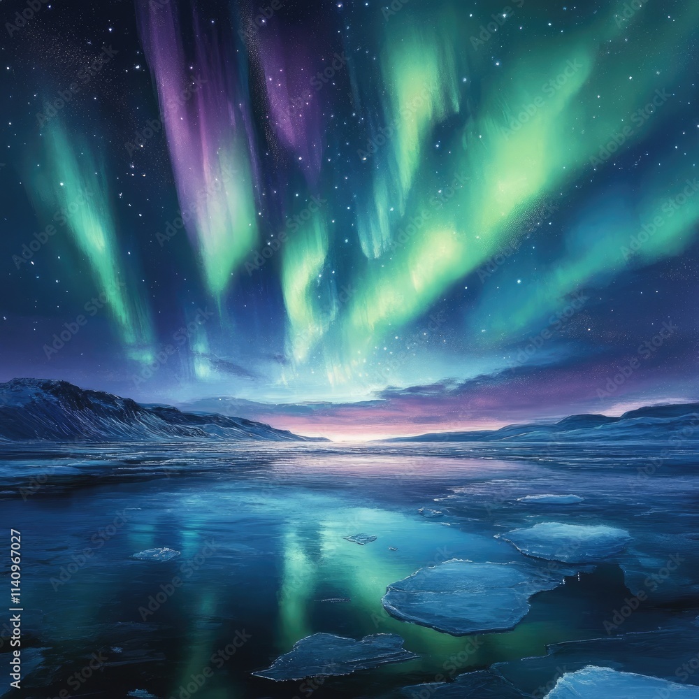 Naklejka premium The aurora borealis dances above an icy lake, illuminating the night sky with vibrant green and purple hues, creating a breathtaking natural spectacle.