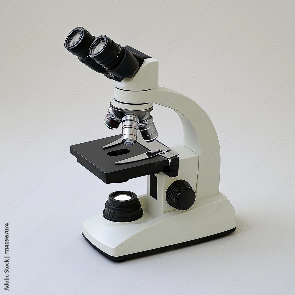 A close-up of a microscope on a clean white table, showcasing realistic details in a professional laboratory setting, emphasizing precision and modern scientific equipment A close-up of a microscope on a clean white table, showcasing realistic details in a professional laboratory setting, emphasizing precision and modern scientific equipment