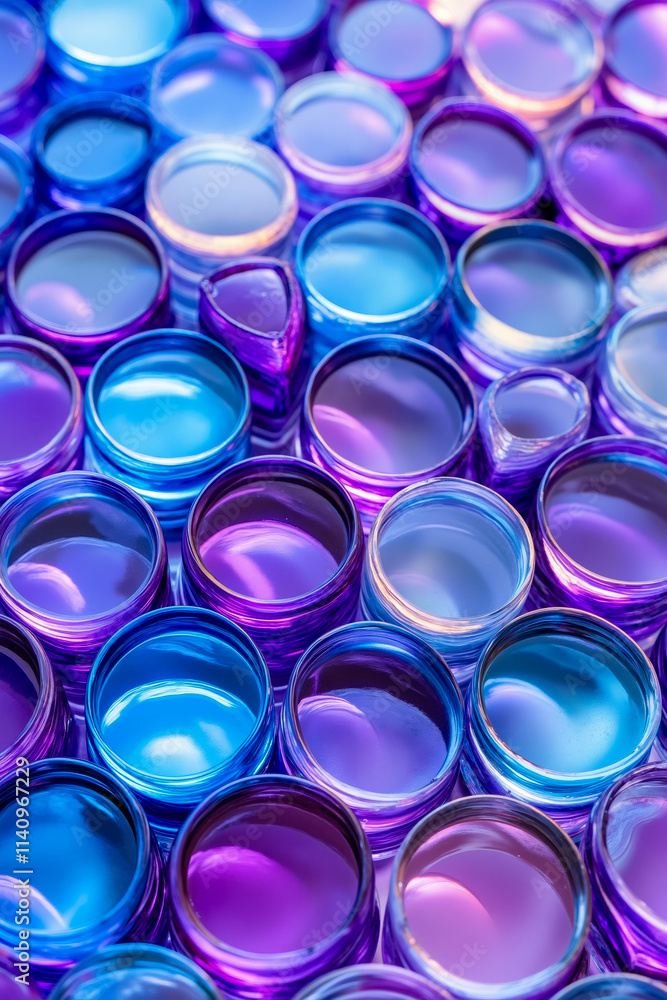 A large group of blue and purple jars of lip balm A large group of blue and purple jars of lip balm