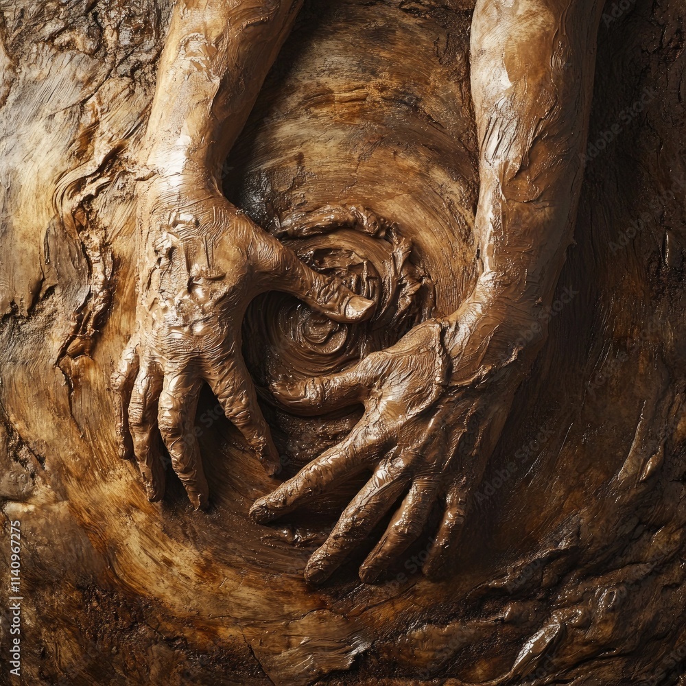 Obraz premium Potter’s hands shaping wet clay on a spinning wheel, showcasing the intricate textures of the clay under warm studio lighting, creating a sense of craftsmanship and focus