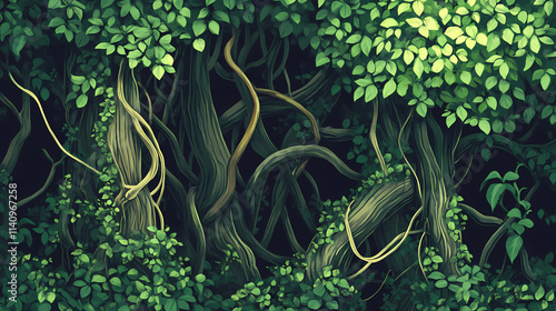 Vines and creepers entwine tree trunks, entwined branches, arboreal tendrils, climbing plants, tropical vines, forest creepers. Arboreal. Illustration