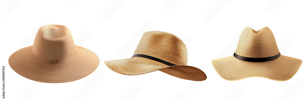 Set of stylish straw hats with wide brims, perfect for sun protection and summer fashion on the beach or outdoors. Set of stylish straw hats with wide brims, perfect for sun protection and summer fashion on the beach or outdoors.