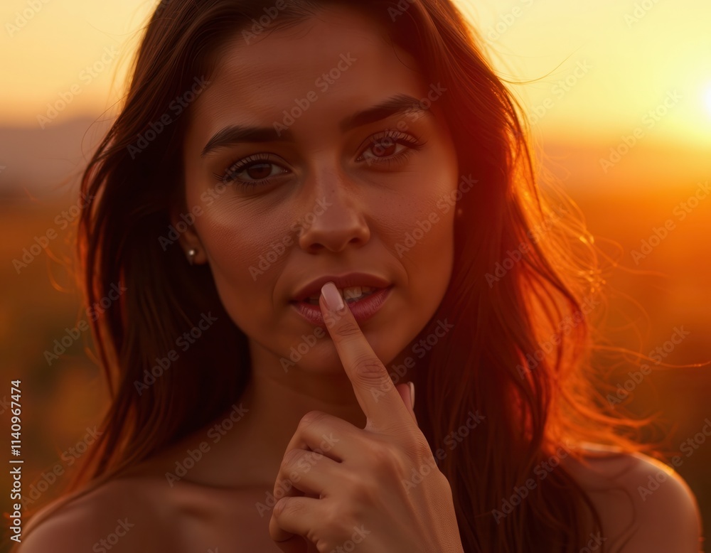 Closeup portrait of young woman gazing at camera in soft outdoor setting with golden hour lighting copy space Closeup portrait of young woman gazing at camera in soft outdoor setting with golden hour lighting copy space