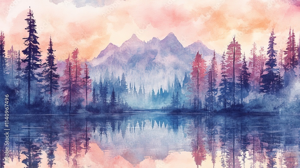 Fototapeta premium A serene watercolor painting of a river winding through lush trees, capturing a peaceful landscape.