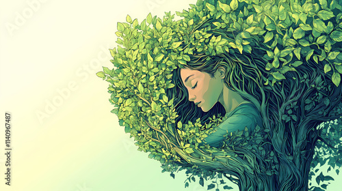 Woman rejuvenated by arboreal embrace. Arboreal. Illustration photo