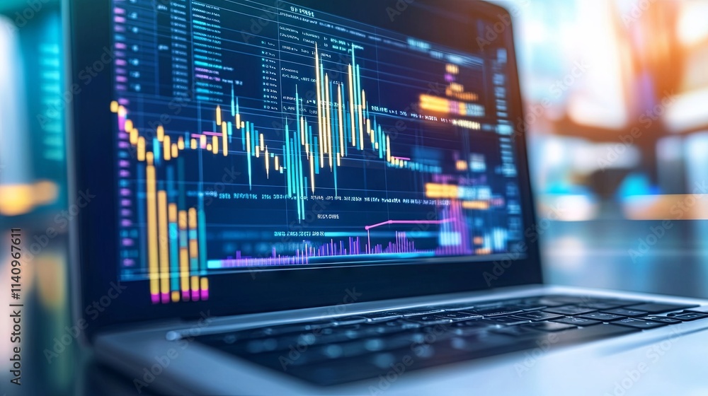 A laptop showing charts and graphs for business accounting and statistical analysis A laptop showing charts and graphs for business accounting and statistical analysis