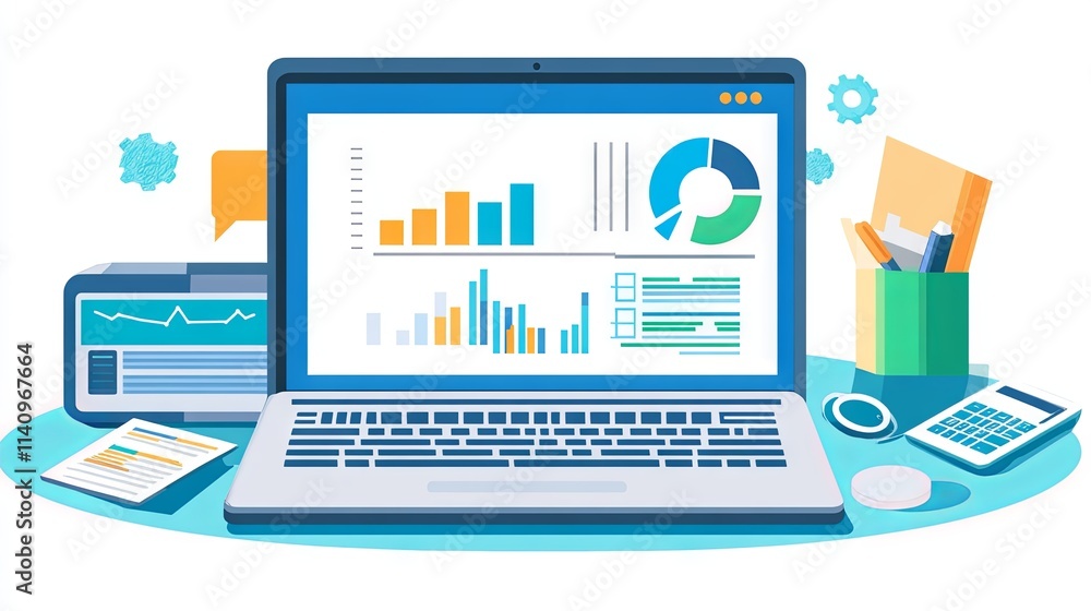 A laptop showing charts and graphs for business accounting and statistical analysis A laptop showing charts and graphs for business accounting and statistical analysis