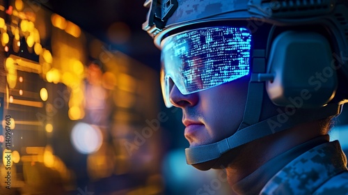 Soldier wearing futuristic goggles, viewing digital data on screen.