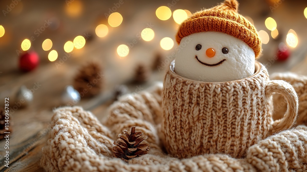 Obraz premium Cute little snowman made from marshmallows bathing in a mug with hot chocolate