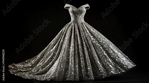 Elegant silver gown adorned with glitter on a plain background © Taisiia