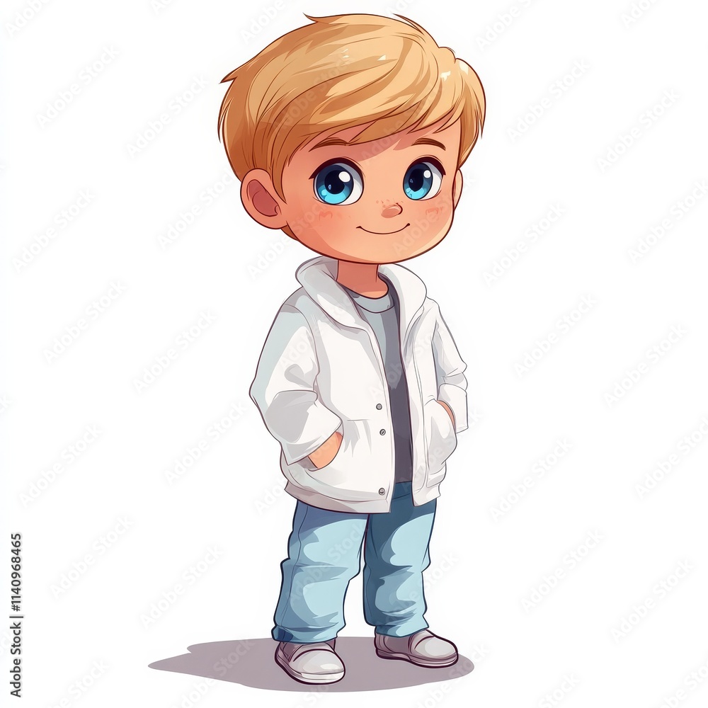 Young, fair-haired boy in white and blue smiling Young, fair-haired boy in white and blue smiling