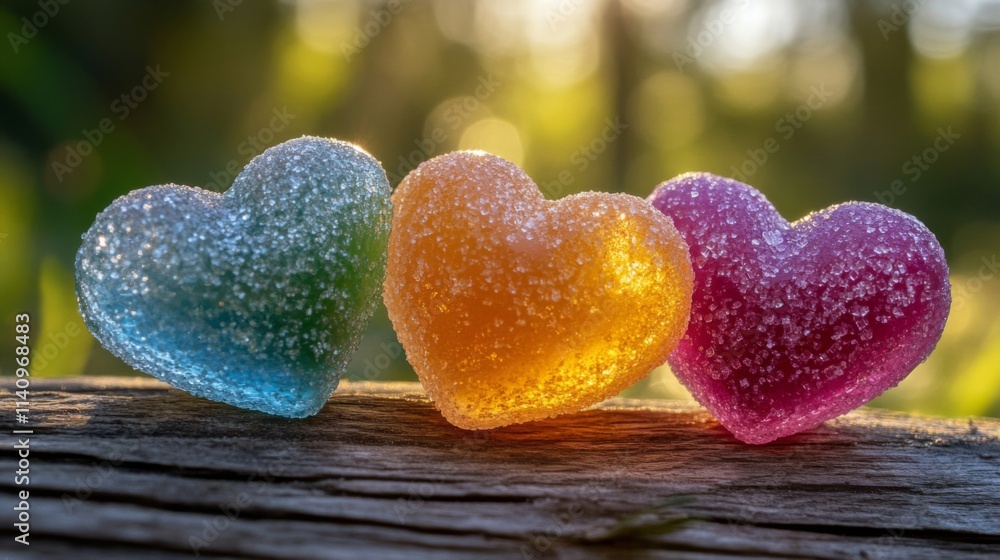 Fototapeta premium Three Colorful Candy Hearts Resting On Wood