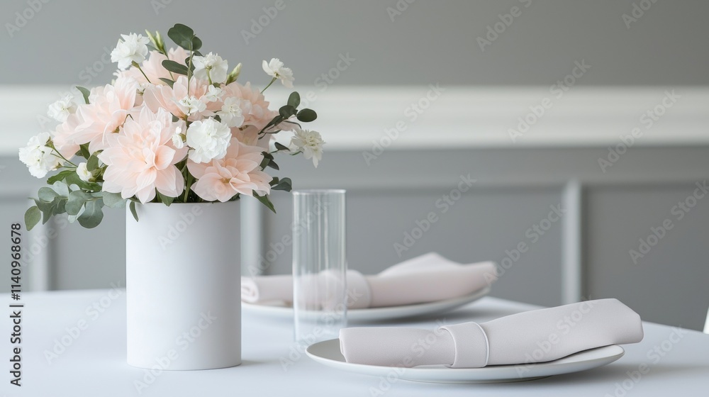 A table with a white tablecloth and a vase of flowers in the center A table with a white tablecloth and a vase of flowers in the center