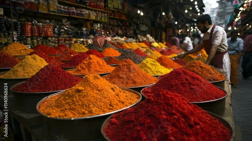 Fototapeta Naklejka Na Ścianę i Meble -  Vibrant spice market showcasing colorful mounds of spices for sale.