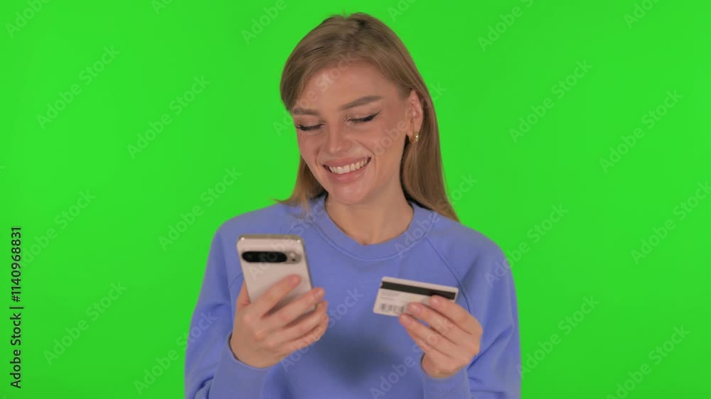 Woman Enjoying Online Shopping on Green Background Woman Enjoying Online Shopping on Green Background