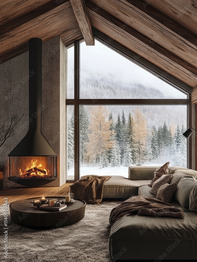 Fototapeta premium Cozy Mountain Cabin Living Room With Fireplace And Snow View