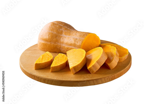 Obraz na płótnie freshly sliced butternut pumpkin on a wooden cutting board isolated on a white background