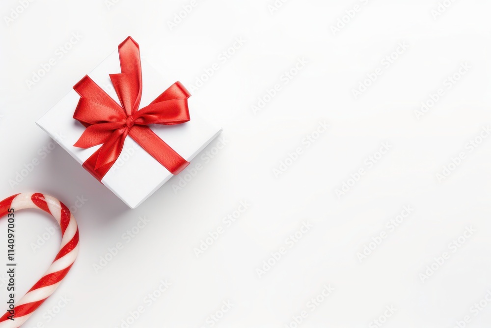 White Gift Box with Red Ribbon and Candy Cane on a Bright Background, Perfect for Holiday Celebrations and Seasonal Decorations White Gift Box with Red Ribbon and Candy Cane on a Bright Background, Perfect for Holiday Celebrations and Seasonal Decorations