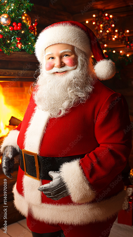 Friendly santa claus standing in front of fireplace for christmas illustration Friendly santa claus standing in front of fireplace for christmas illustration