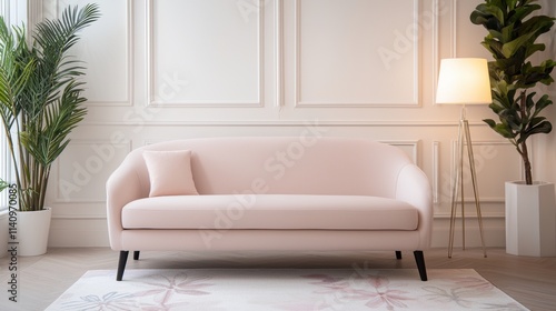 A white couch with a pink cushion sits in front of a white wall