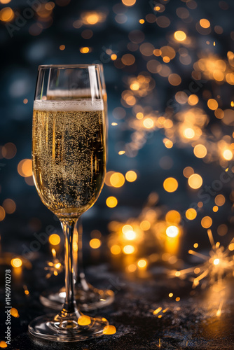 Elegant Champagne Glasses with Sparkling Wine, Gold Bokeh, and Festive Lights - Perfect for New Year’s Eve, Parties, Weddings, and Celebrations