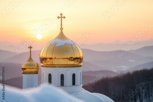 holiday church scene, orthodox christmas church in twilight, glowing gold dome exuding holiness, framed by soft winter landscape, space for text