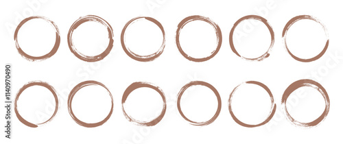 Coffee circle, stain mocha mousse color, paint brush grunge texture, cup ink mark, round chalk trace isolated on white background. Watercolor border trendy colour 2025 year. Vector illustration