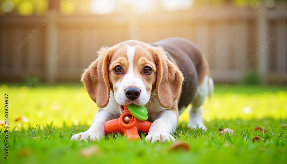Beagle puppy playing with toy on green grass in garden. Beagle puppy playing with toy on green grass in garden.