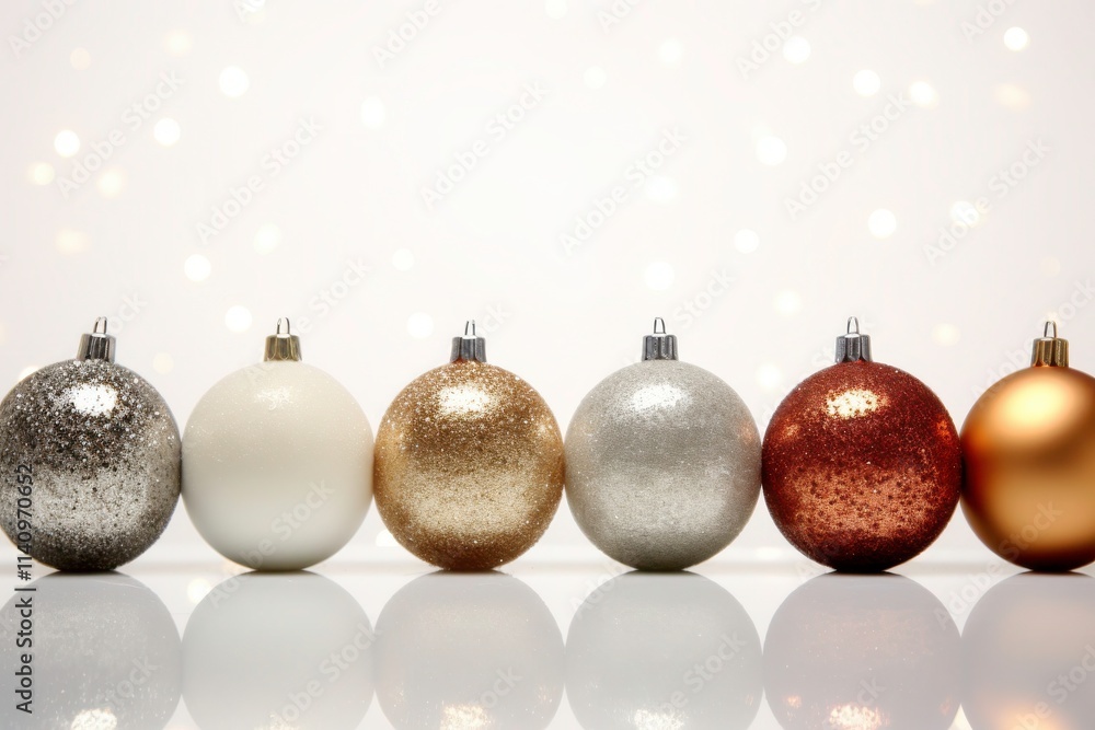 Decorative and Sparkling Christmas Ornaments in White, Silver, Gold, and Bronze Tones Against a Soft Bokeh Background for Holiday Celebrations and Festive Decorations Decorative and Sparkling Christmas Ornaments in White, Silver, Gold, and Bronze Tones Against a Soft Bokeh Background for Holiday Celebrations and Festive Decorations