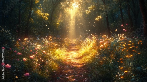 Sunlit path, blooming flowers, enchanted forest.