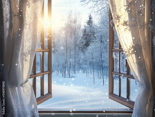 Winter Wonderland Viewed Through Open Window Curtains