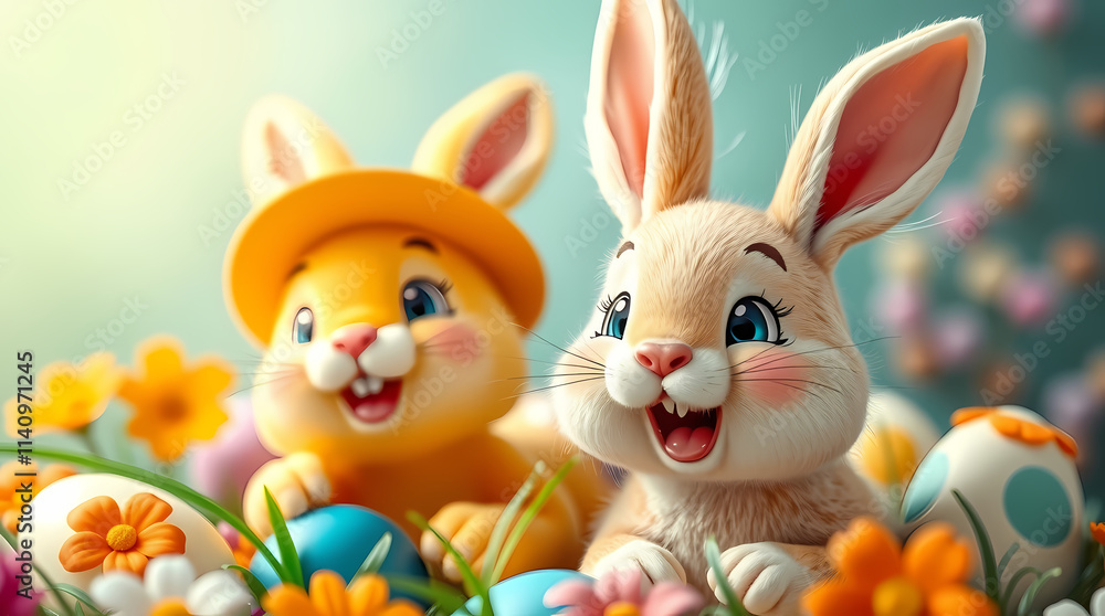 Playful Easter Bunnies with Colorful Eggs in Spring Setting Playful Easter Bunnies with Colorful Eggs in Spring Setting