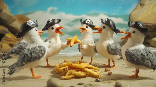 Creative diorama of toy-like seagulls with pirate hats sharing French fries on a beach. The lighthearted setup features a sandy shore and rocks in the background. AI generated. photo