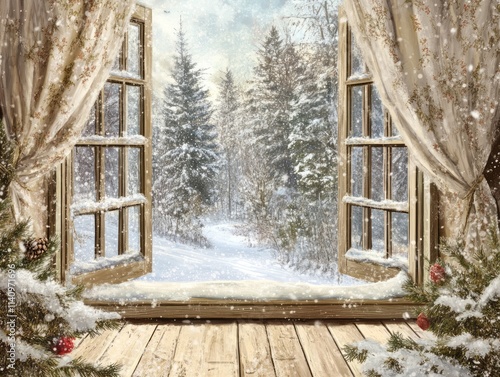 A Snowy Winter Scene Viewed Through An Open Window