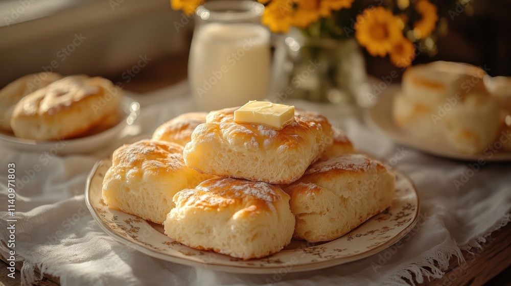 Rustic breakfast scene with warm bread butter and milk Rustic breakfast scene with warm bread butter and milk