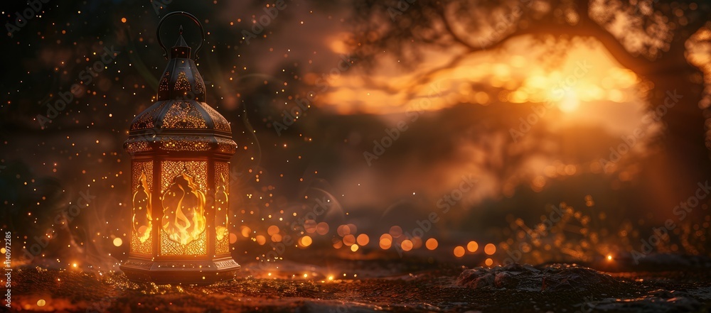 A glowing lantern illuminates a serene landscape at sunset, creating a magical ambiance. A glowing lantern illuminates a serene landscape at sunset, creating a magical ambiance.