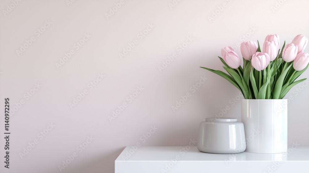 A white vase with pink flowers sits on a white shelf A white vase with pink flowers sits on a white shelf
