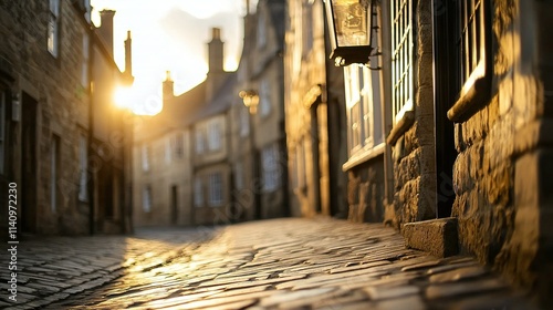 Fototapeta Naklejka Na Ścianę i Meble -    A cobblestone street lit by a street lamp during sunset or sunrise in the background