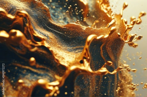 Abstract Gold Liquid Waves with Bubbles